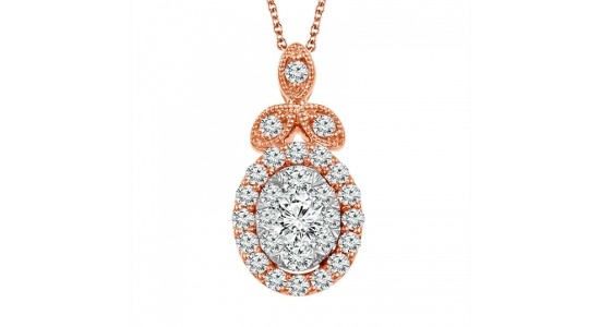 Rose gold necklace with halo set diamond center stone and three leaf motifs