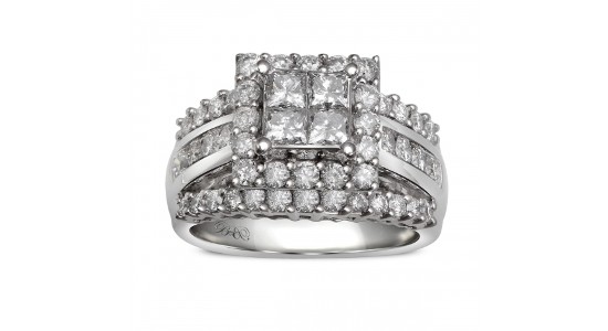 A silver engagement ring with four princess-cut center stones arranged in a square