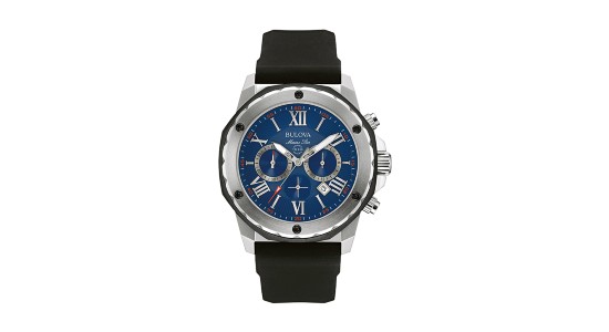 a silver, blue, and black watch by Bulova