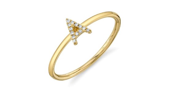 A yellow gold fashion ring featuring a diamond-studded “A,” available at Morgan Jewelers.