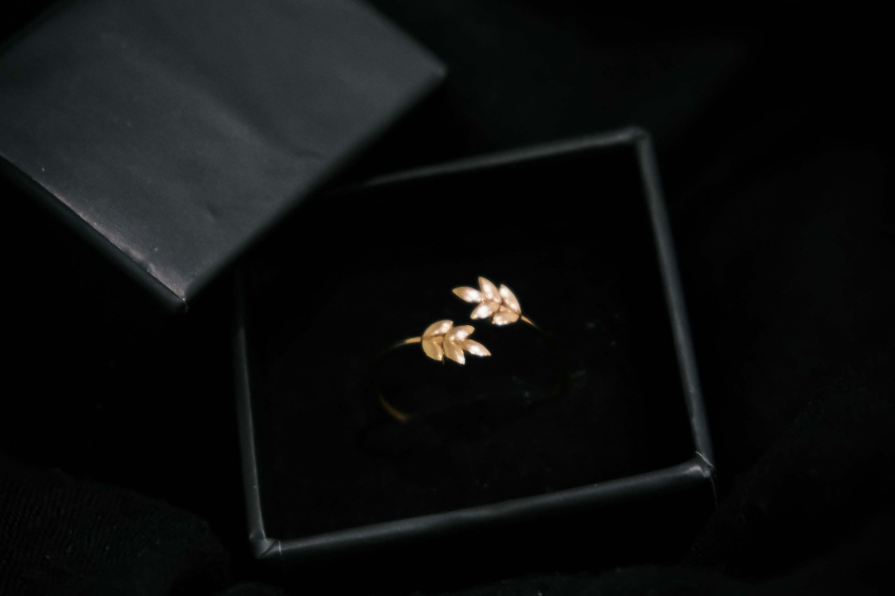 A yellow gold ring with leaf motifs and an open silhouette in a black ring box.