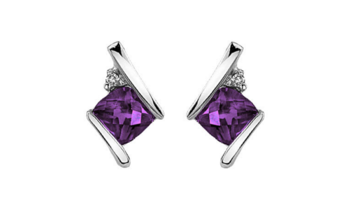 An asymmetrical pair of amethyst stud earrings from Morgan’s Collection, available at Morgan’s Jewelers.