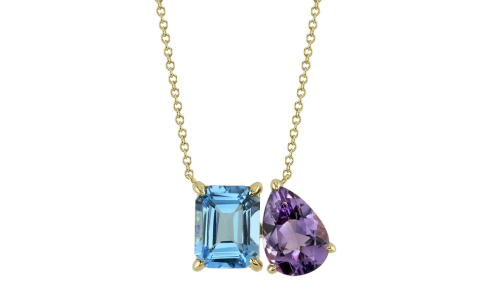 An elegant Shy Creation toi et moi necklace featuring an amethyst and blue topaz, available at Morgan Jewelers.