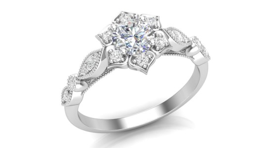 a white gold engagement ring with a floral silhouette