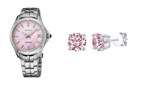 A Seiko Coutura watch and a pair of Flashpoint Created diamond stud earrings, both sharing a rosy pink hue, available at Morgan Jewelers.