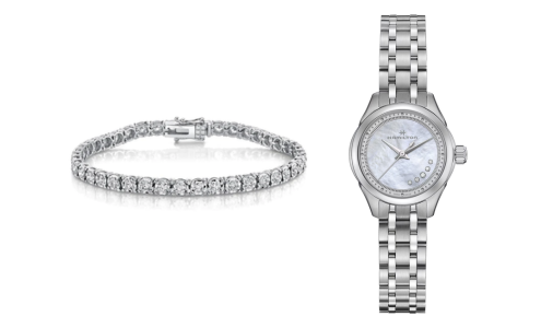 A simple yet elegant Shy Creation bracelet and Hamilton Jazzmaster watch, both featuring repeating diamond details, available at Morgan Jewelers.