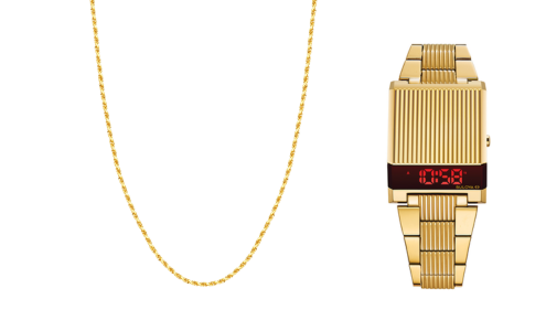 A chain necklace from Morgan’s Collection and a striking Bulova watch, both crafted in yellow gold, available at Morgan Jewelers.