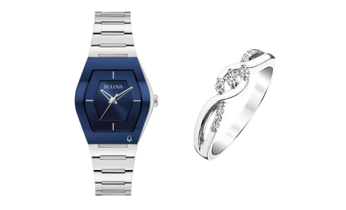 A Bulova watch and Two Hearts diamond ring sharing a similar look, both available at Morgan Jewelers.