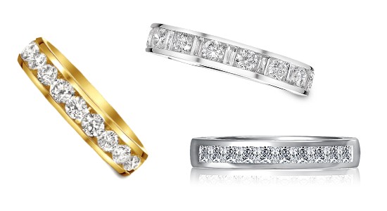 Three different channel wedding bands with different metals and stone cuts, available at Morgan Jewelers.