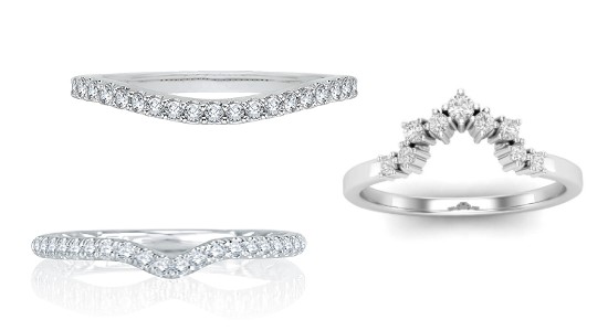 Three different curved wedding bands with different degrees of curves, available at Morgan Jewelers.