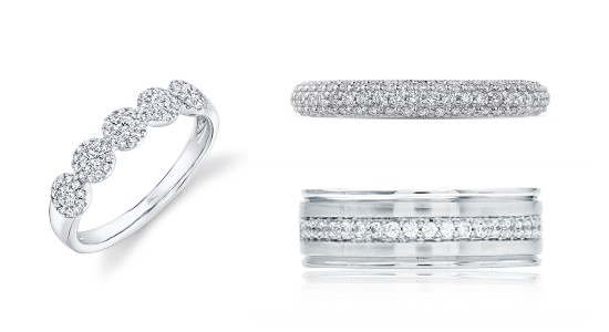 Three different pavé wedding bands, available at Morgan Jewelers.