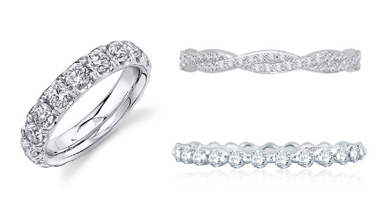 Three different eternity wedding bands featuring diamonds and white gold, available at Morgan Jewelers.