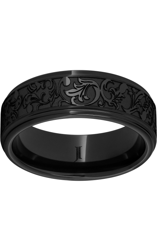 Men's Latigo Floral Engraved 8MM Wedding Band in Black Ceramic