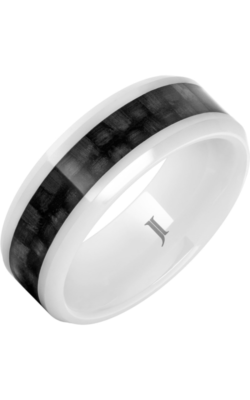 Men's Black Carbon Fiber Inlay 8MM Wedding Band in White Ceramic