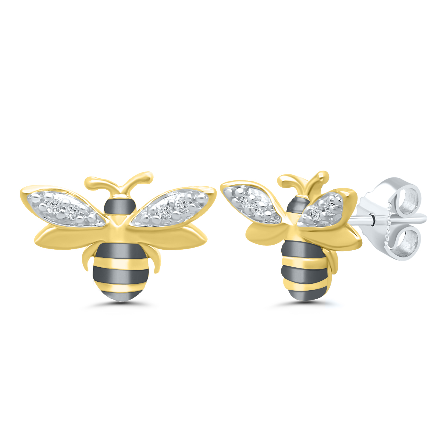 Ladies Diamond Earrings Diamond Accent Bee Black Rhodium Yellow Plated Sterling Silver