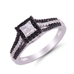 Quad Princess-Cut Black & White Diamond Engagement Ring in White Gold, 1/2ctw