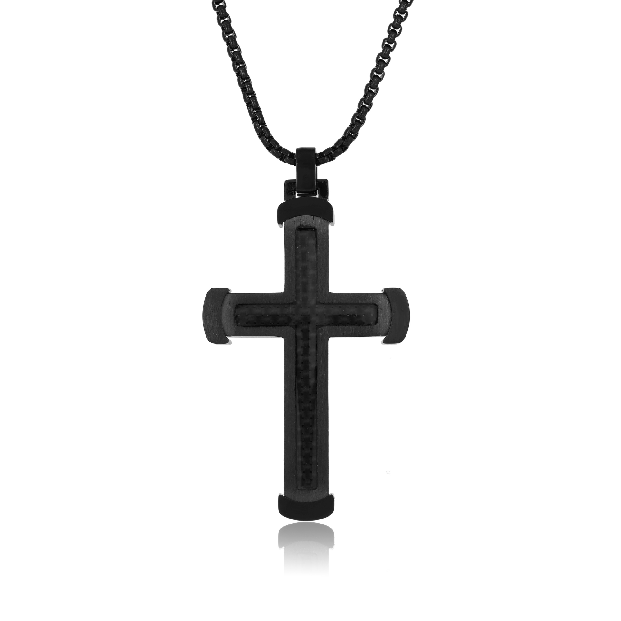 24" Mens Carbon Fiber Cross Pendant with Black Ion Plating in Stainless Steel