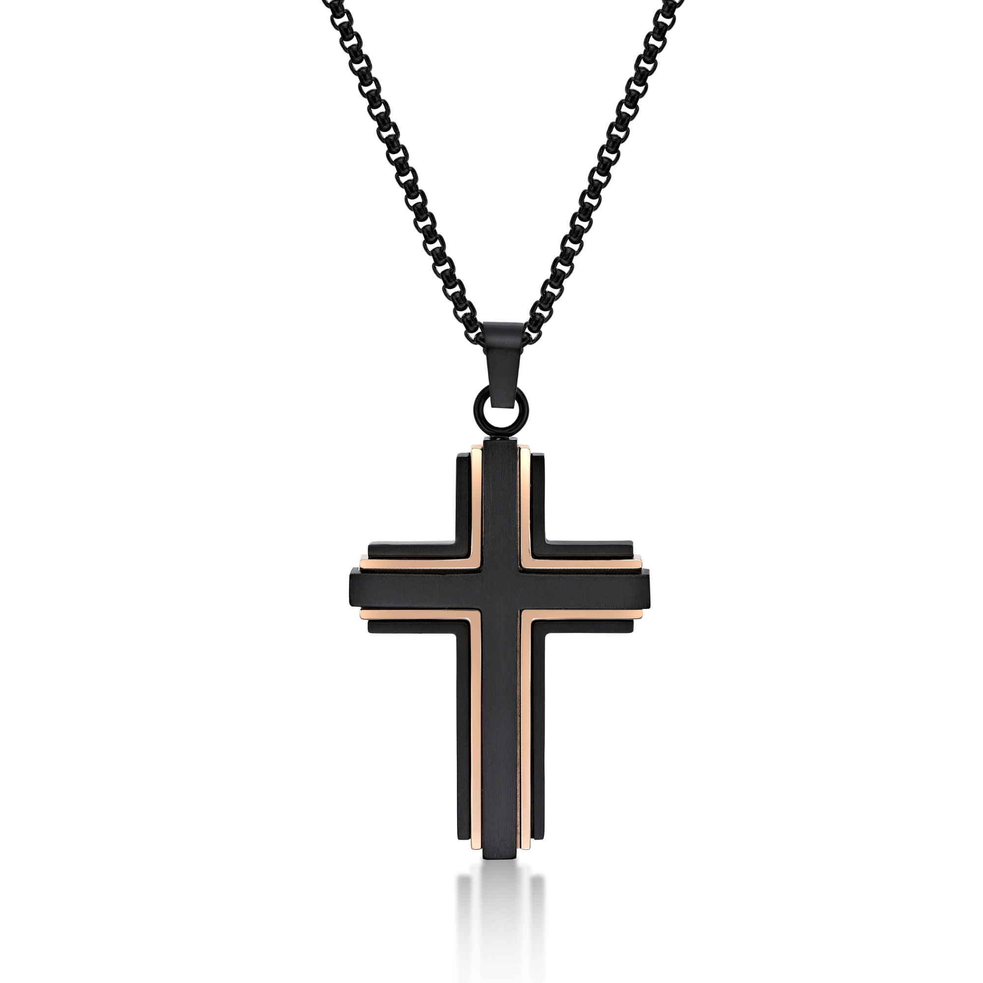 24" Cross Pendant with Black and Rose Gold Ion Plating in Stainless Steel